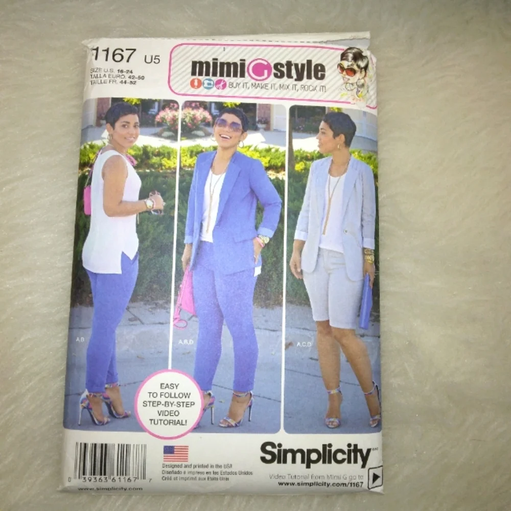 SIMPLICITY 1167 Sz 16-24 Mimi G Style Misses blazzer slim pants/shorts, knit top